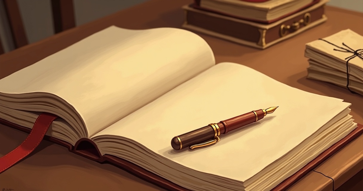 AI biography generator — an open leather-bound book and a stack of handwritten letters on a writing desk, turning facts into a biography