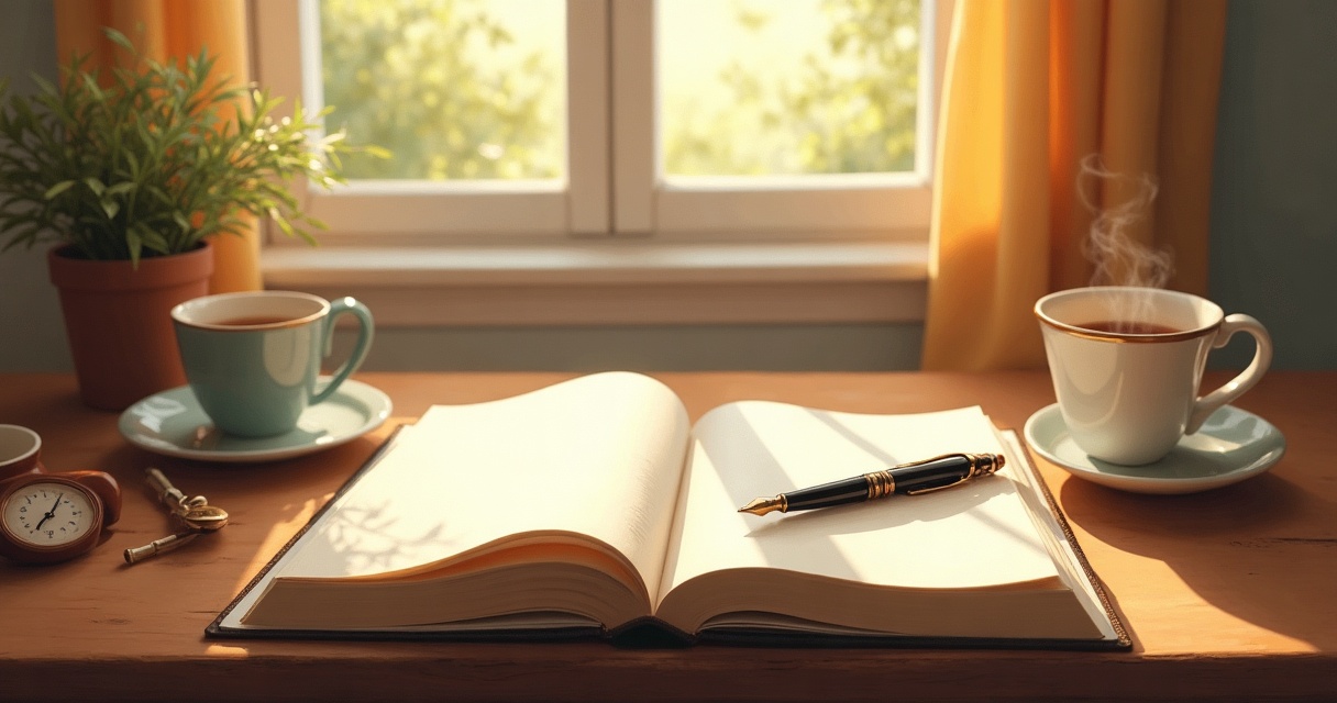 AI story generator — an open notebook and fountain pen by a sunlit window, ready to turn memories into a written story