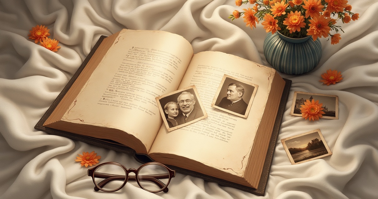 Life story generator — an open family photo album with old photographs and reading glasses, evoking a life story worth writing down