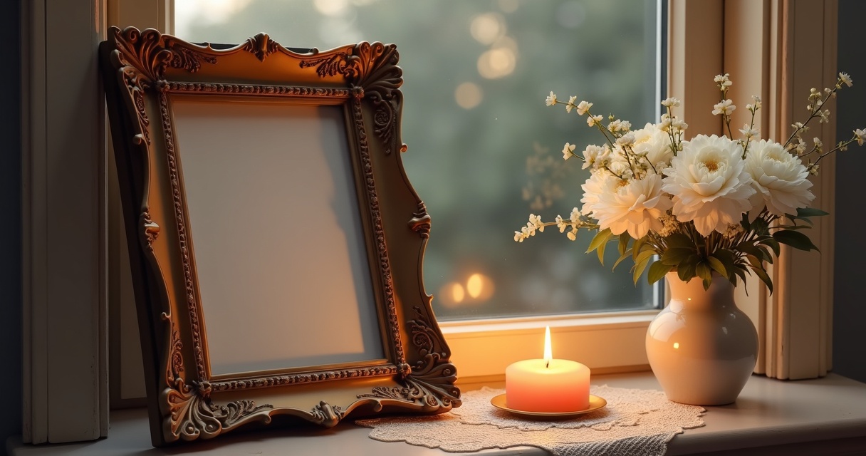 A framed photo, soft white flowers, and a warm candle on a lace cloth by a window at dusk — a gentle memorial scene