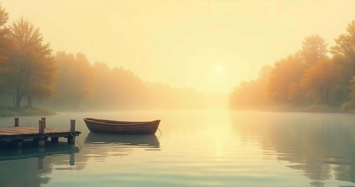 Memory story generator — a still misty lake at dawn with a wooden rowboat, evoking one cherished memory captured as a story