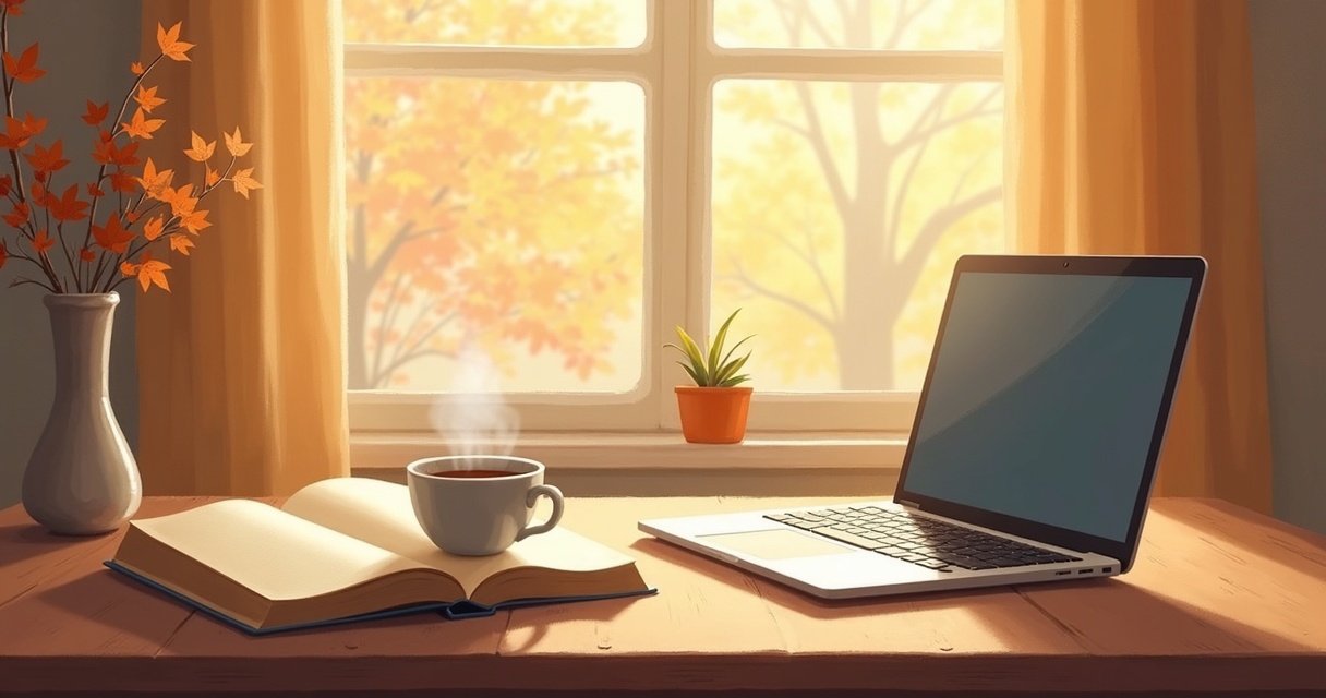 A hardcover book, a warm cup of tea, and an open laptop on a wooden table by a window — turning memories into a life story