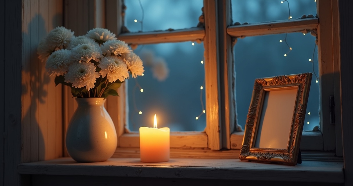 Tribute story generator — a candle, white flowers, and a photo frame on a windowsill at dusk, a peaceful memorial scene